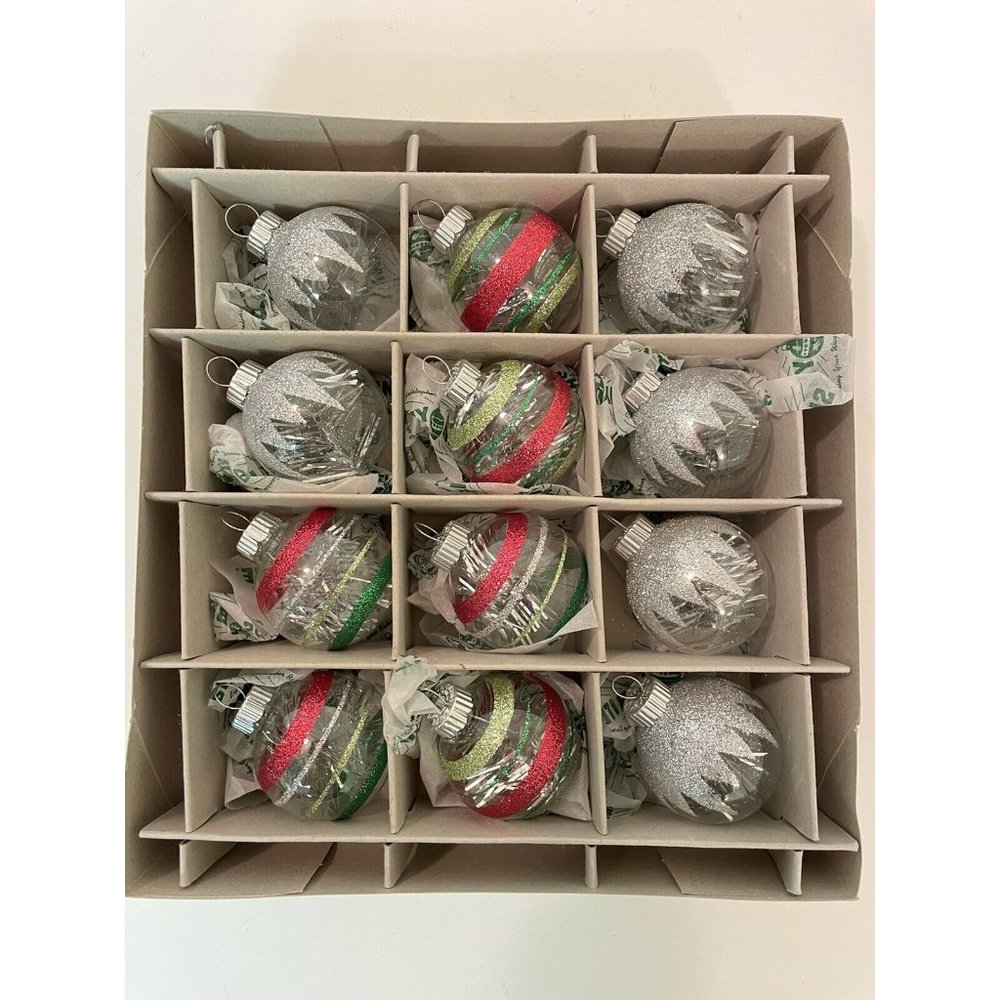 Christopher Radko 1940s Vintage Design Shiny Brite 12 Ornaments Clear & Snow 2”